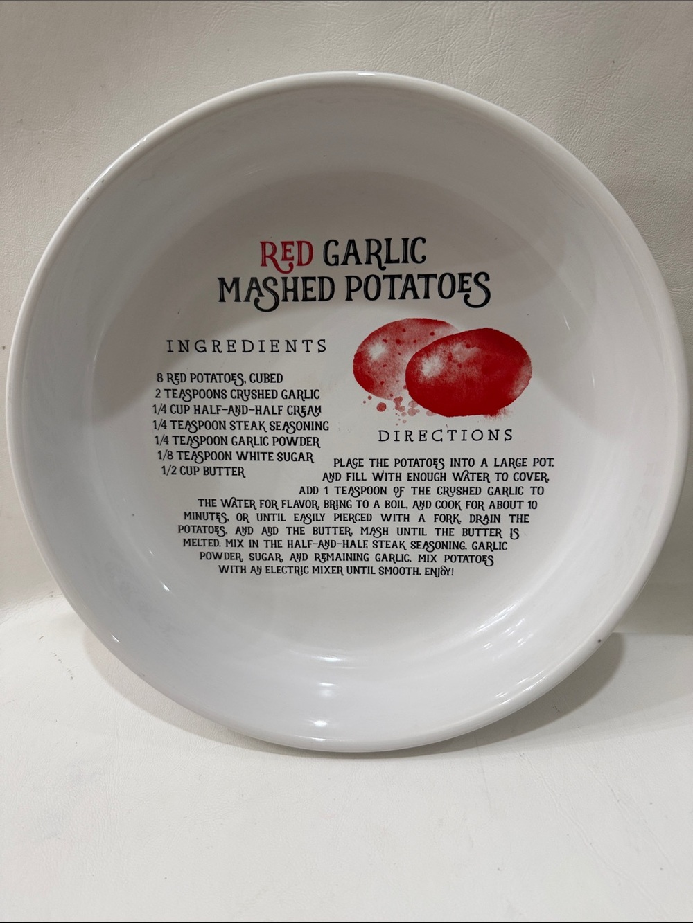 Red Garlic Mashed Potatoes Recipe Bowl - White with Red Graphic